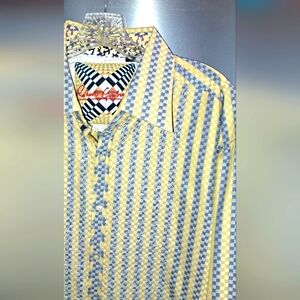 Mens ROBERT GRAHAM Geometric Pattern Button Front Shirt Yellows Blues 2XL